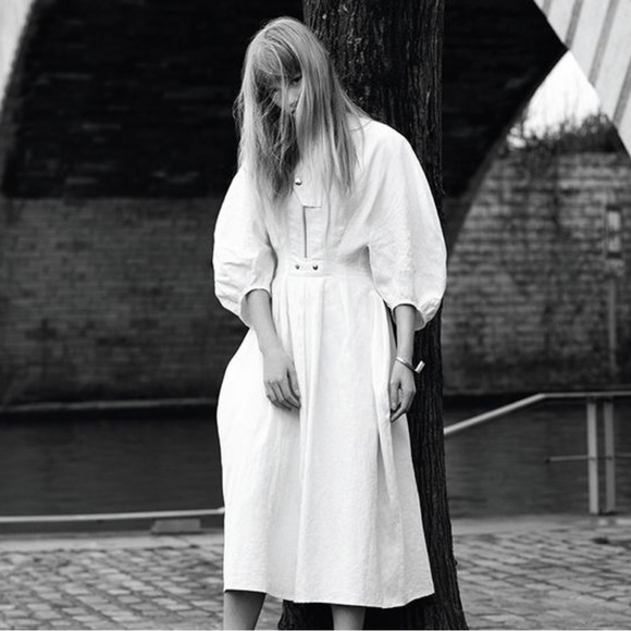 CÉLINE OFF WHITE LINEN DRESS WITH PUFF SLEEVES SIZE 42 BY PHOEBE PHILO - Picture 3 of 16